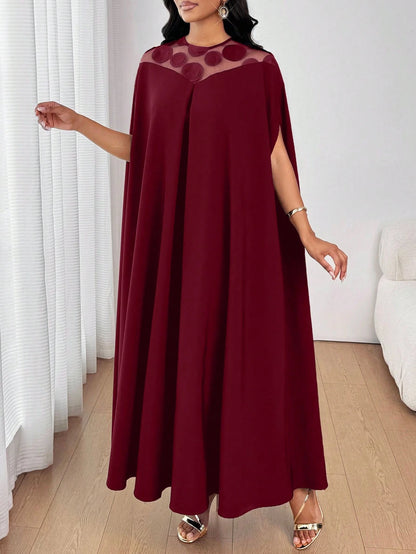 Lady 2025 New Women's Patchwork Round Sequin Mesh Batwing Sleeve Loose Fashion Burgundy Dress New Year Outfit Christmas Women's Clothing
