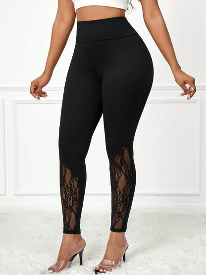 Lady Elegant Sexy Solid Lace Patchwork High Waist Women's Leggings Party Night Black Summer