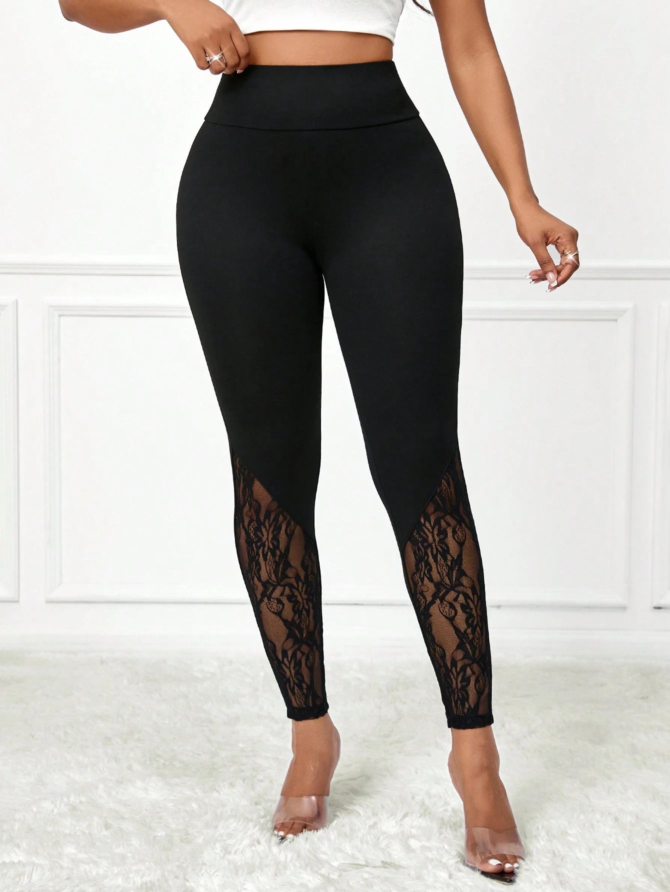 Lady Elegant Sexy Solid Lace Patchwork High Waist Women's Leggings Party Night Black Summer