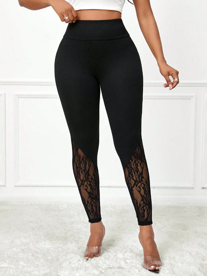 Lady Elegant Sexy Solid Lace Patchwork High Waist Women's Leggings Party Night Black Summer