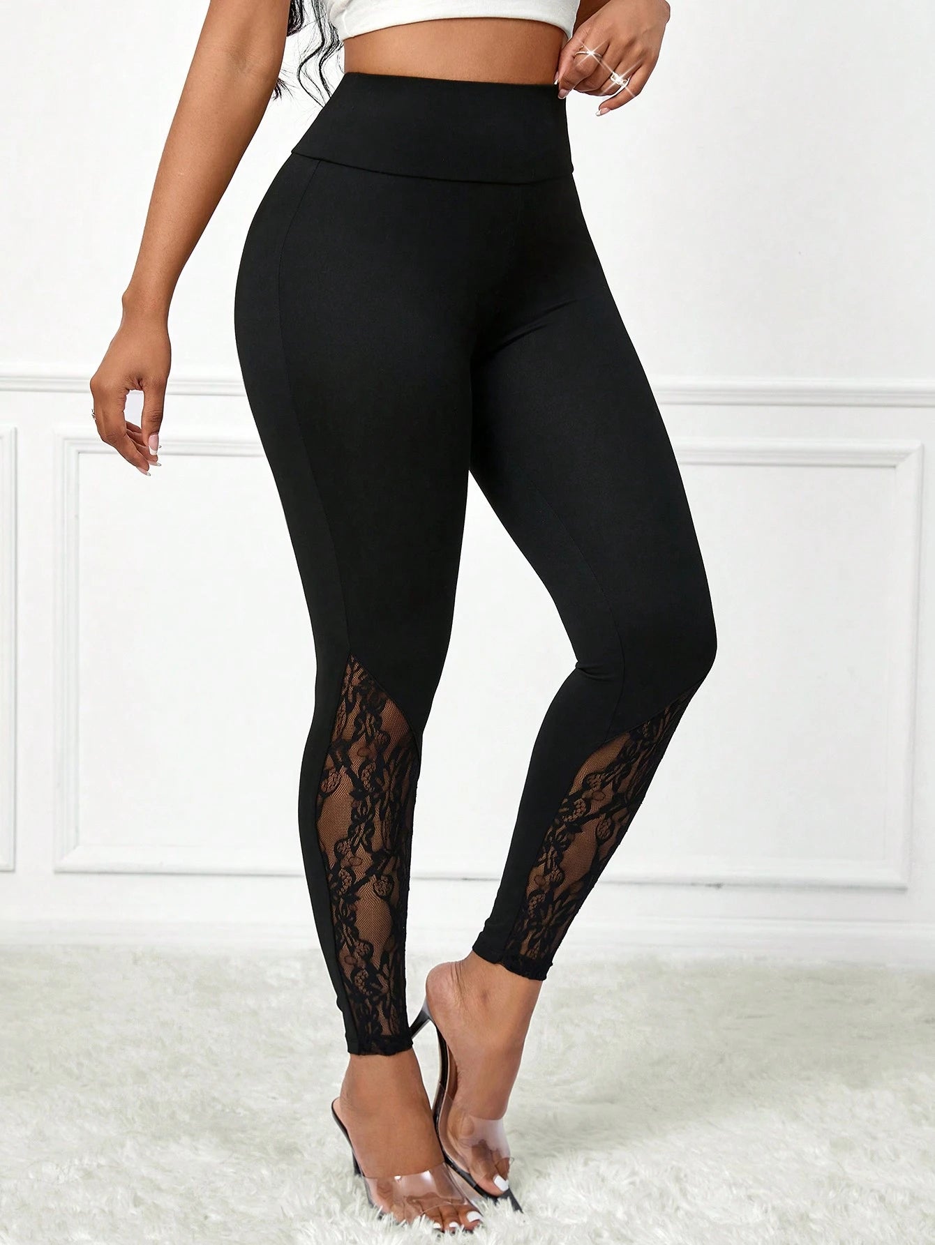 Lady Elegant Sexy Solid Lace Patchwork High Waist Women's Leggings Party Night Black Summer