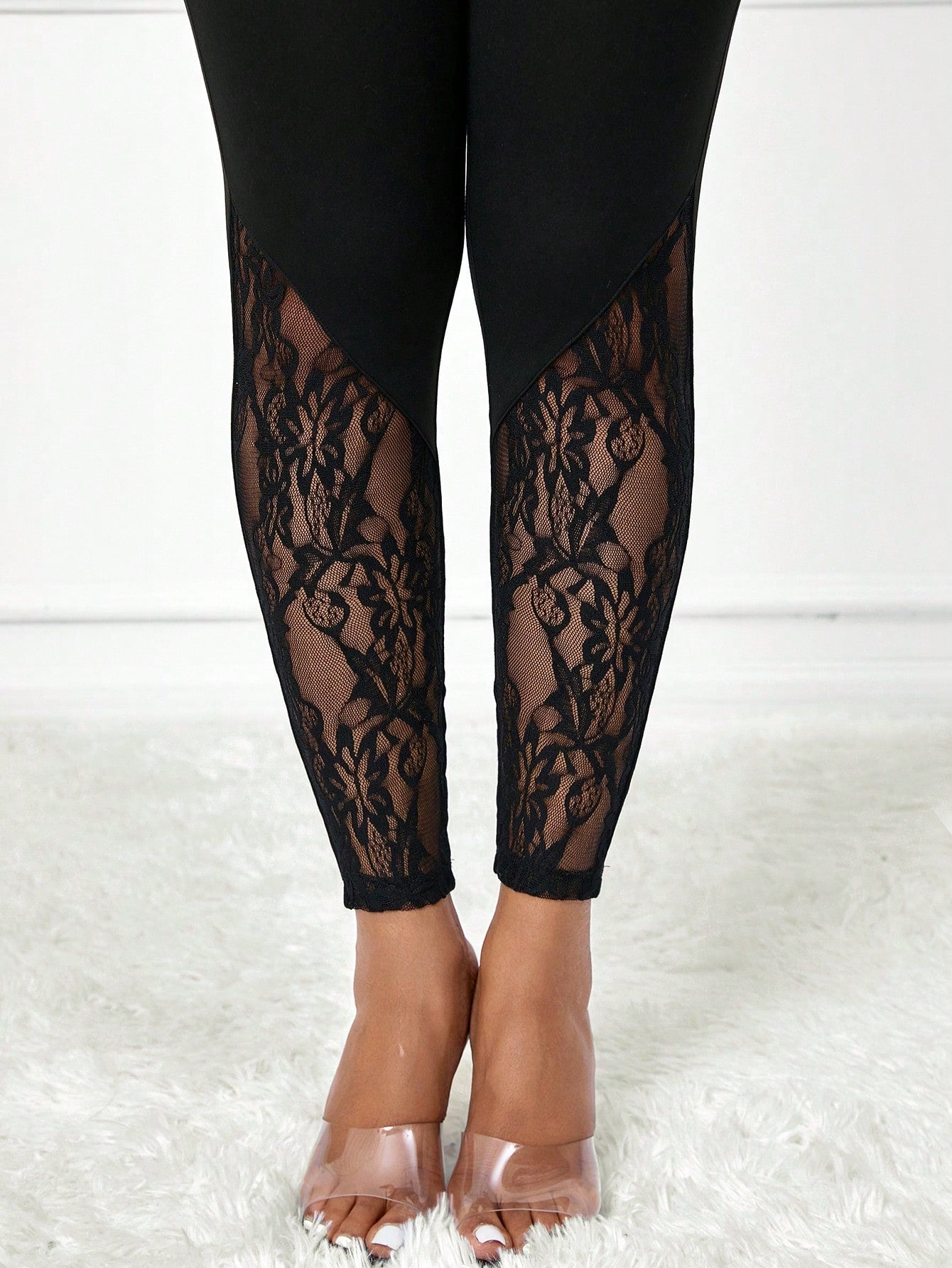Lady Elegant Sexy Solid Lace Patchwork High Waist Women's Leggings Party Night Black Summer