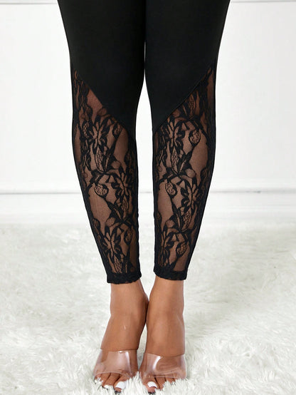 Lady Elegant Sexy Solid Lace Patchwork High Waist Women's Leggings Party Night Black Summer