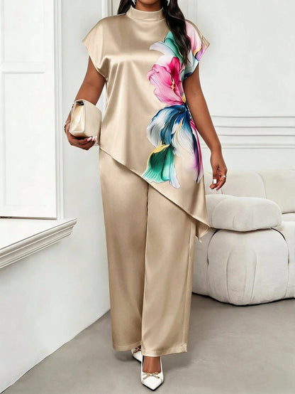 Lady Plus Size Women Floral Print Asymmetrical Hem Top And Pants Set