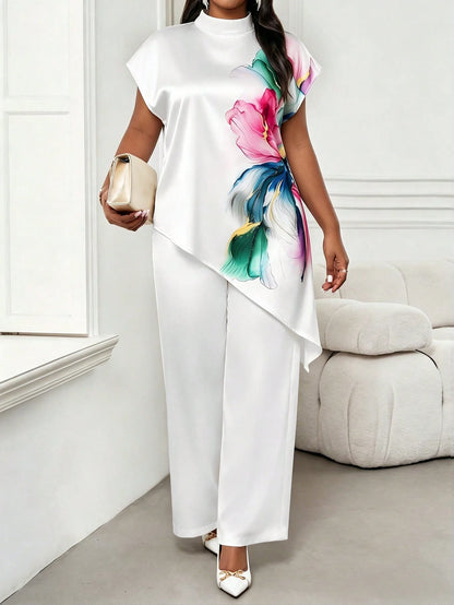Lady Plus Size Women Floral Print Asymmetrical Hem Top And Pants Set