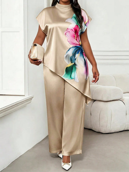 Lady Plus Size Women Floral Print Asymmetrical Hem Top And Pants Set