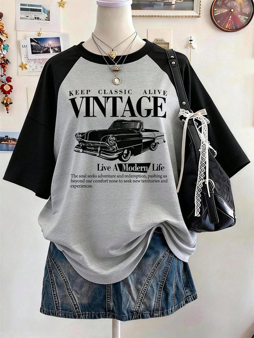 Lalippa Retro Pattern Digital Print Fashionable Minimalist Oversized Mid-Length Round Neck Drop Shoulder Women T-Shirt, Gift For Friends