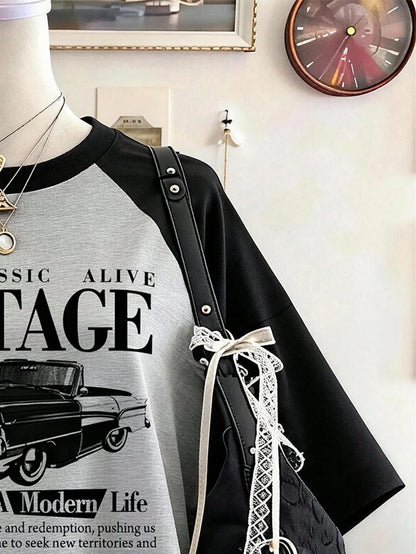 Lalippa Retro Pattern Digital Print Fashionable Minimalist Oversized Mid-Length Round Neck Drop Shoulder Women T-Shirt, Gift For Friends