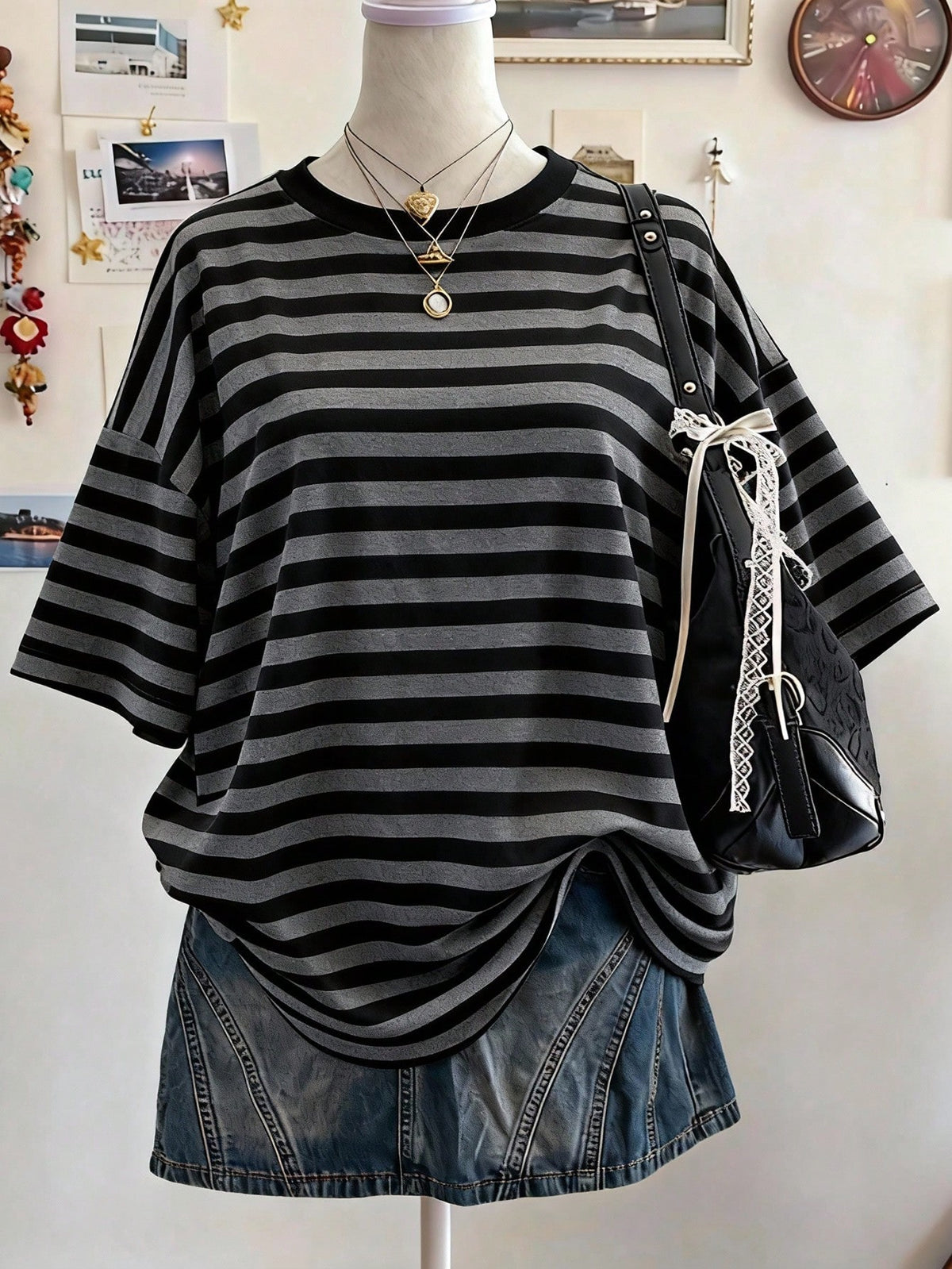Lalippa Striped Digital Print Casual Oversized Mid-Length Round Neck Drop Shoulder Women T-Shirt, Gift For Friends