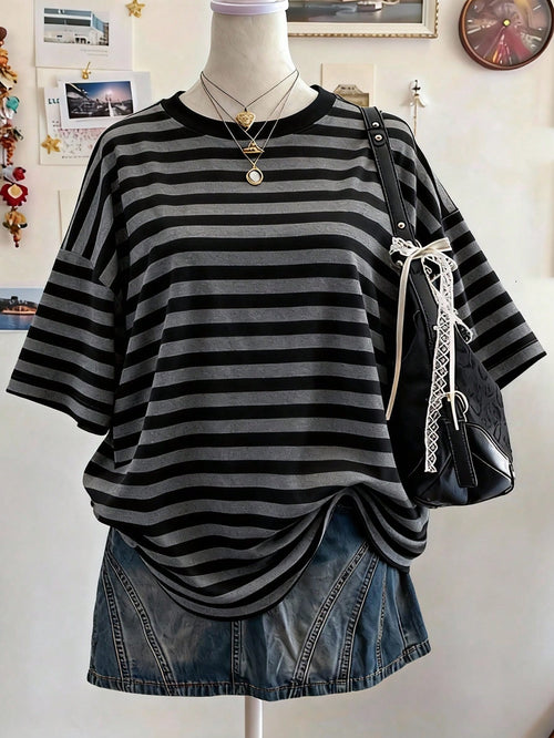 Lalippa Striped Digital Print Casual Oversized Mid-Length Round Neck Drop Shoulder Women T-Shirt, Gift For Friends