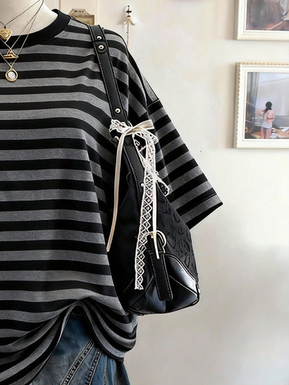 Lalippa Striped Digital Print Casual Oversized Mid-Length Round Neck Drop Shoulder Women T-Shirt, Gift For Friends