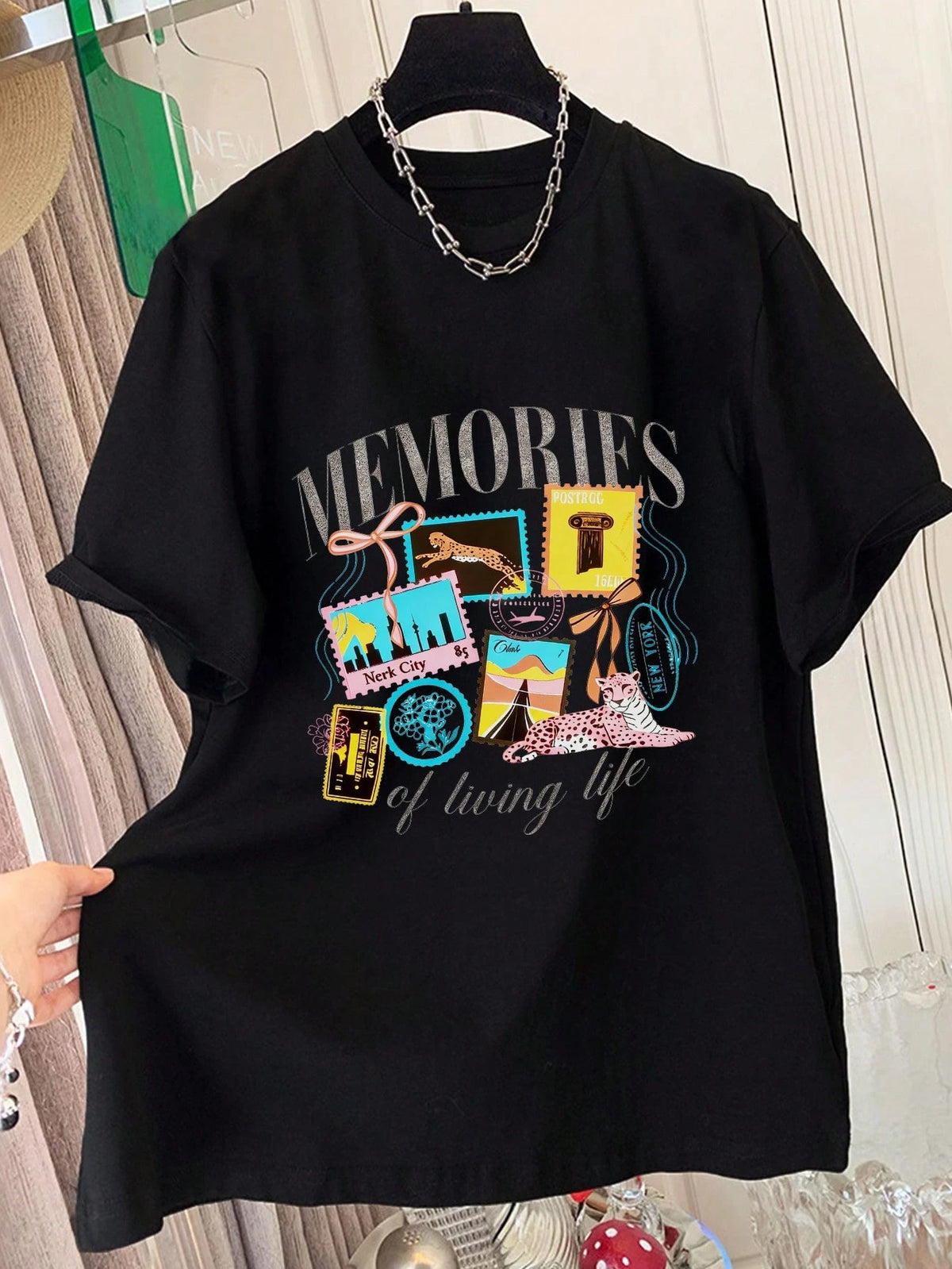 Lalippa Striped Digital Print Casual Oversized Mid-Length Round Neck Drop Shoulder Women T-Shirt, Gift For Friends