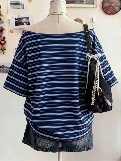 Lalippa Women's Boat Neck Dropped Shoulder Short Sleeve Striped Casual Loose Summer T-Shirt
