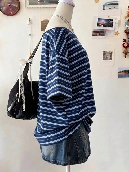 Lalippa Women's Boat Neck Dropped Shoulder Short Sleeve Striped Casual Loose Summer T-Shirt