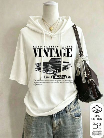 Lalippa Women's Retro American Stylish Hoodie T-Shirt With Slogan, Suitable For Spring, Summer, Autumn