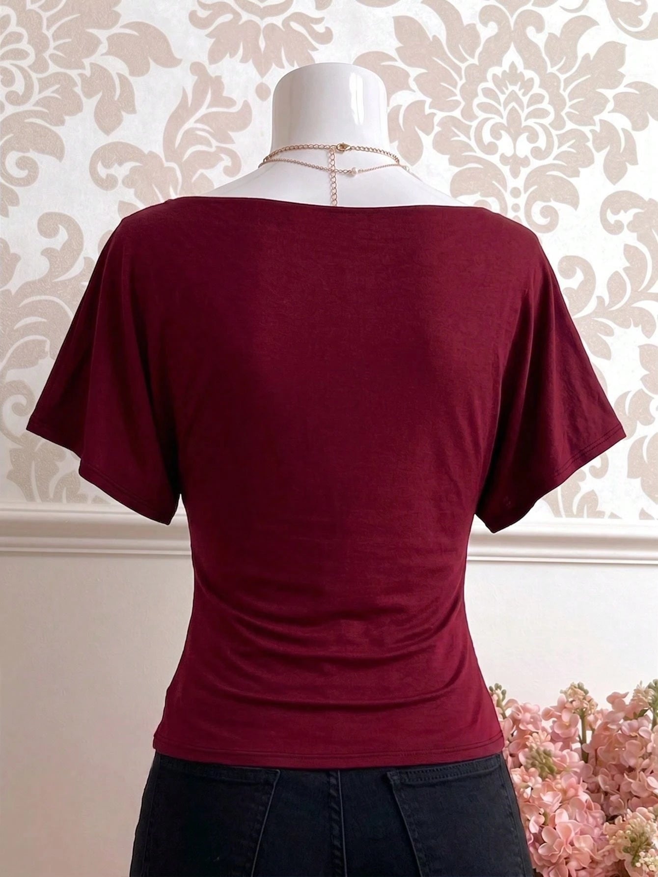 Lalippa Women's Solid Color Elegant Fitted T-Shirt, Off-Shoulder Batwing Sleeve Slim Fit, Wine Red, Spring/Summer, Casual Comfortable Summer Design, Short Sleeve, Fashionable And Comfortable, Off-Shou