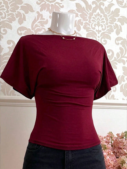 Lalippa Women's Solid Color Elegant Fitted T-Shirt, Off-Shoulder Batwing Sleeve Slim Fit, Wine Red, Spring/Summer, Casual Comfortable Summer Design, Short Sleeve, Fashionable And Comfortable, Off-Shou