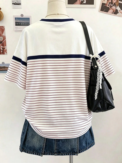 Lalippa Women's Summer Striped Contrast Color & Centaur Print T-Shirt
