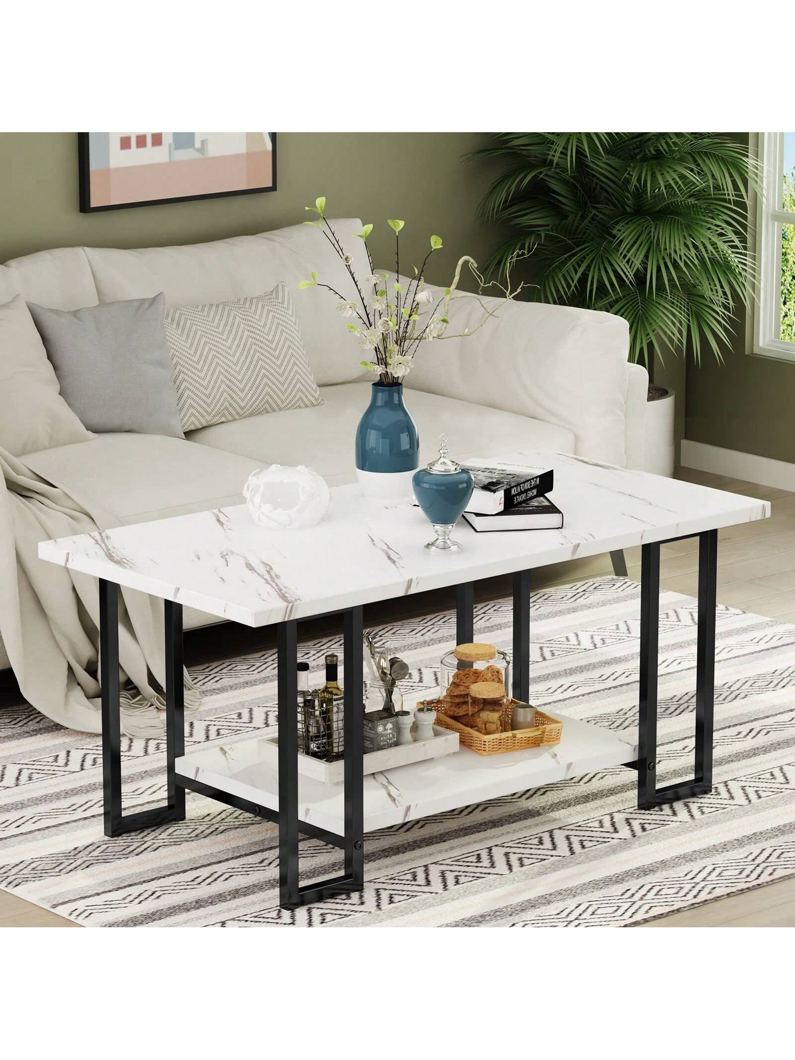 LAMERGE 40-Inch Artificial Marble Coffee Table, Imitation Marble Tabletop, Metal Frame, 2-Level Design, Suitable For Office Balcony Living Room Bedroom