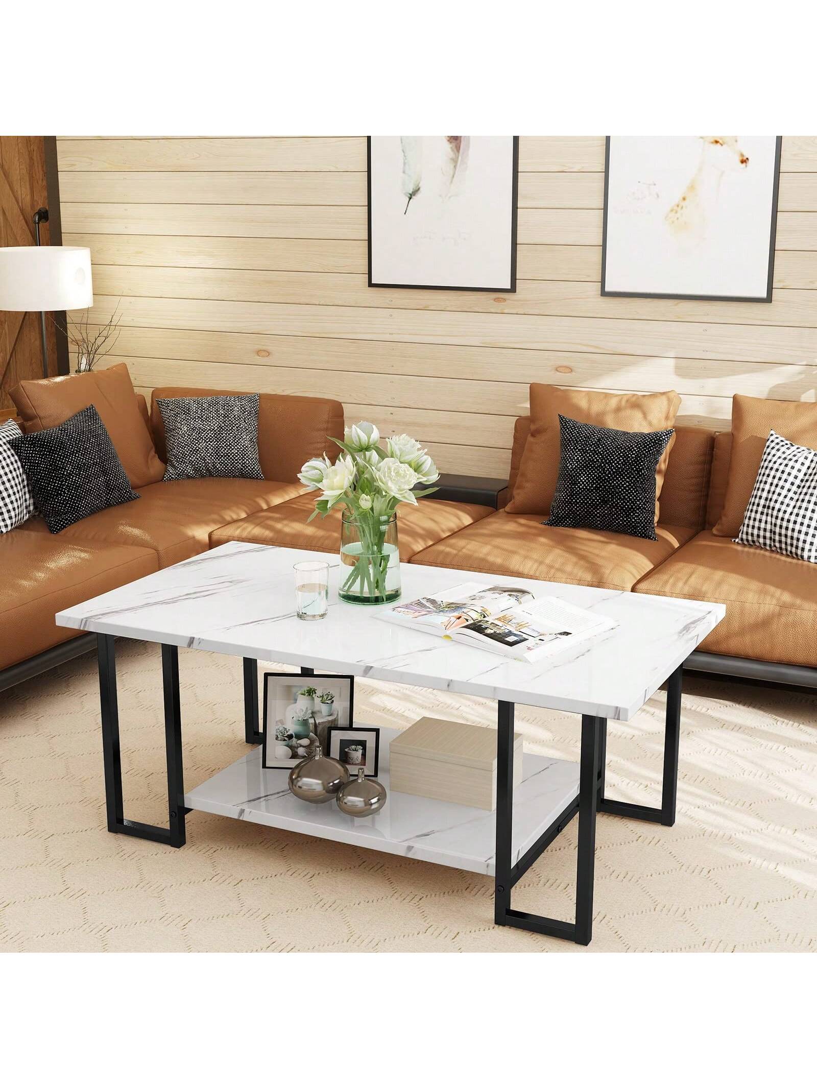LAMERGE 40-Inch Artificial Marble Coffee Table, Imitation Marble Tabletop, Metal Frame, 2-Level Design, Suitable For Office Balcony Living Room Bedroom