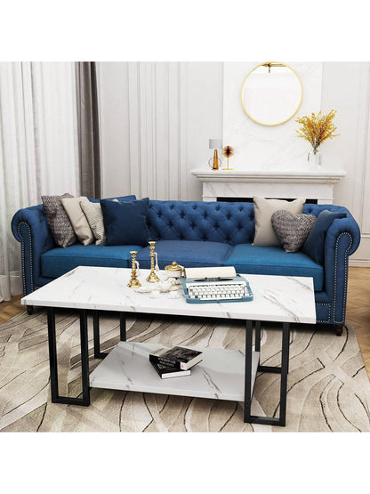 LAMERGE 40-Inch Artificial Marble Coffee Table, Imitation Marble Tabletop, Metal Frame, 2-Level Design, Suitable For Office Balcony Living Room Bedroom