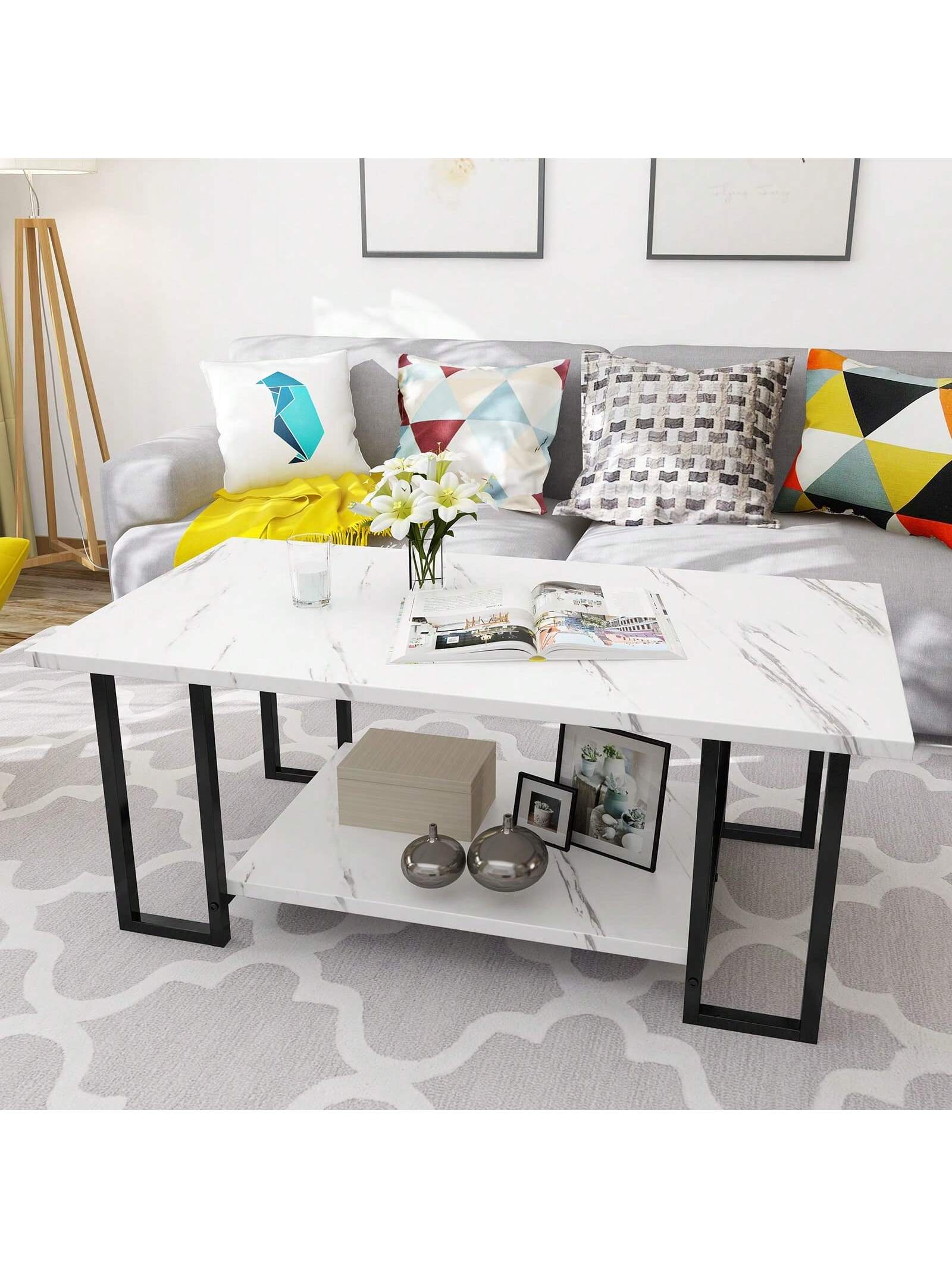 LAMERGE 40-Inch Artificial Marble Coffee Table, Imitation Marble Tabletop, Metal Frame, 2-Level Design, Suitable For Office Balcony Living Room Bedroom