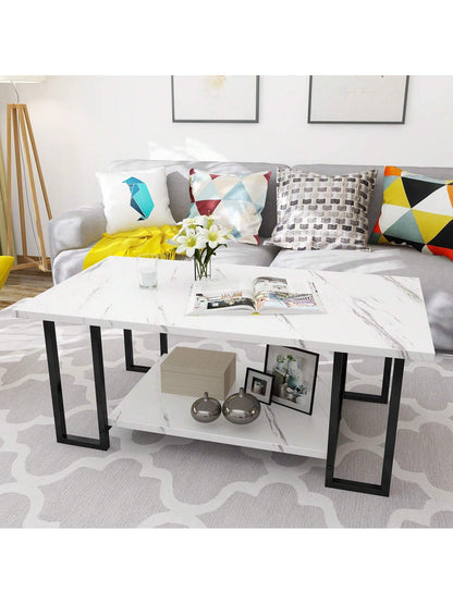 LAMERGE 40-Inch Artificial Marble Coffee Table, Imitation Marble Tabletop, Metal Frame, 2-Level Design, Suitable For Office Balcony Living Room Bedroom