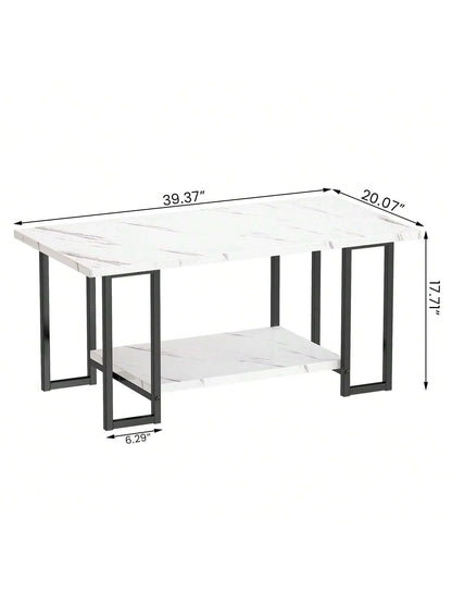 LAMERGE 40-Inch Artificial Marble Coffee Table, Imitation Marble Tabletop, Metal Frame, 2-Level Design, Suitable For Office Balcony Living Room Bedroom