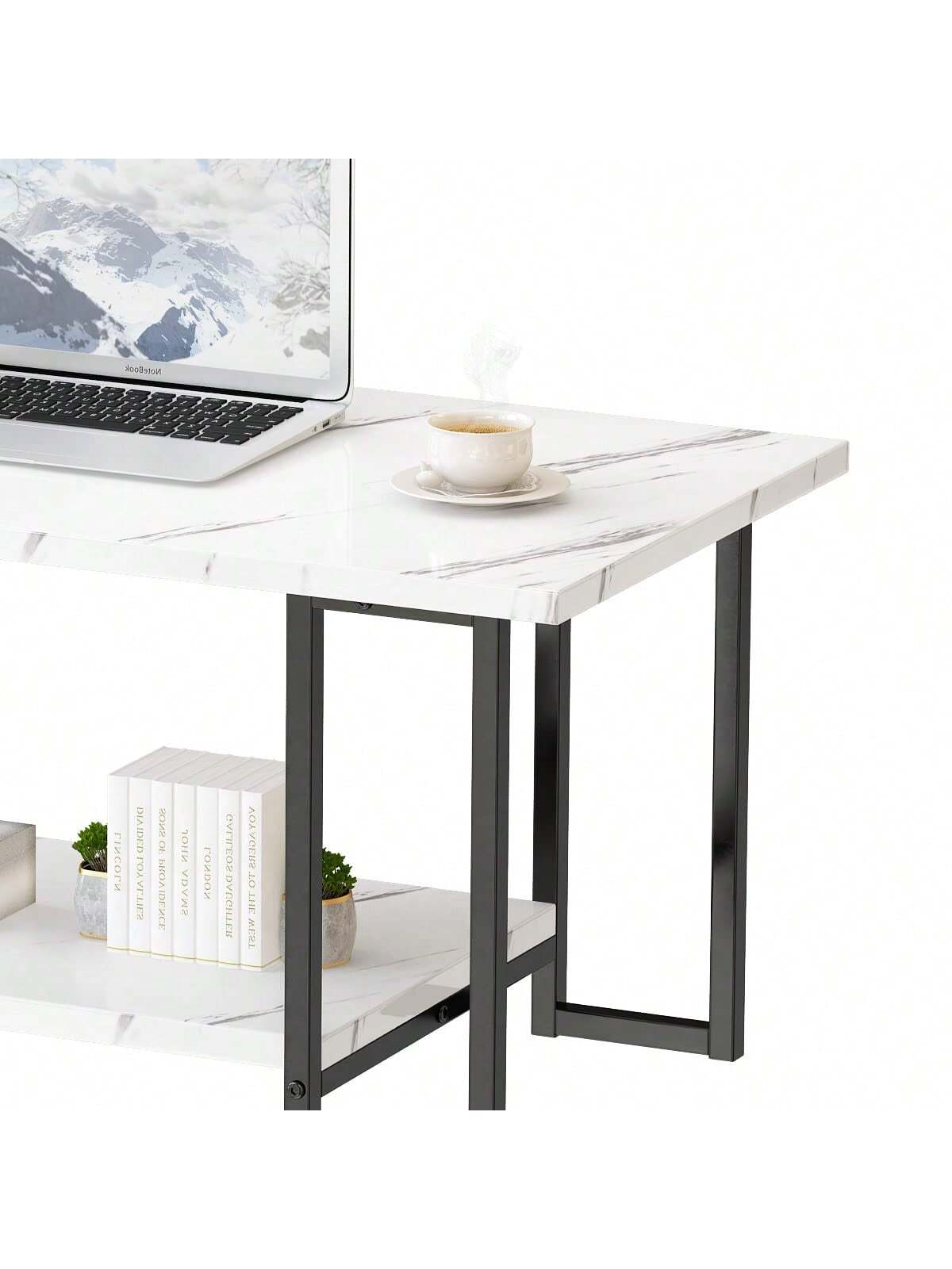 LAMERGE 40-Inch Artificial Marble Coffee Table, Imitation Marble Tabletop, Metal Frame, 2-Level Design, Suitable For Office Balcony Living Room Bedroom