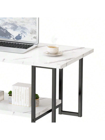 LAMERGE 40-Inch Artificial Marble Coffee Table, Imitation Marble Tabletop, Metal Frame, 2-Level Design, Suitable For Office Balcony Living Room Bedroom