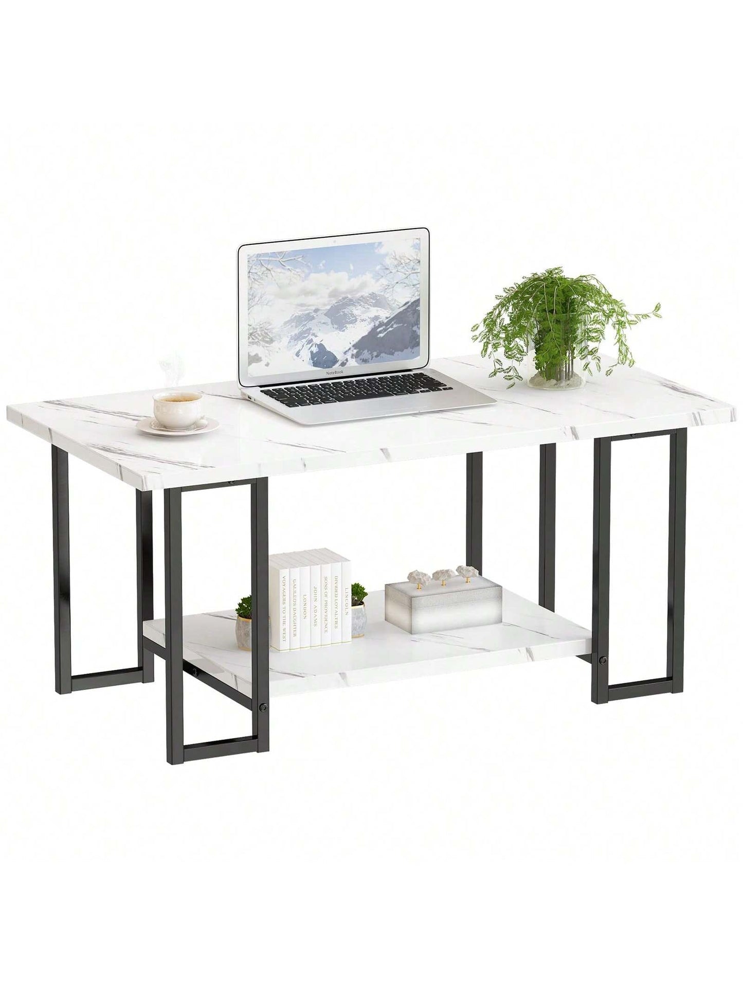 LAMERGE 40-Inch Artificial Marble Coffee Table, Imitation Marble Tabletop, Metal Frame, 2-Level Design, Suitable For Office Balcony Living Room Bedroom