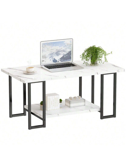 LAMERGE 40-Inch Artificial Marble Coffee Table, Imitation Marble Tabletop, Metal Frame, 2-Level Design, Suitable For Office Balcony Living Room Bedroom