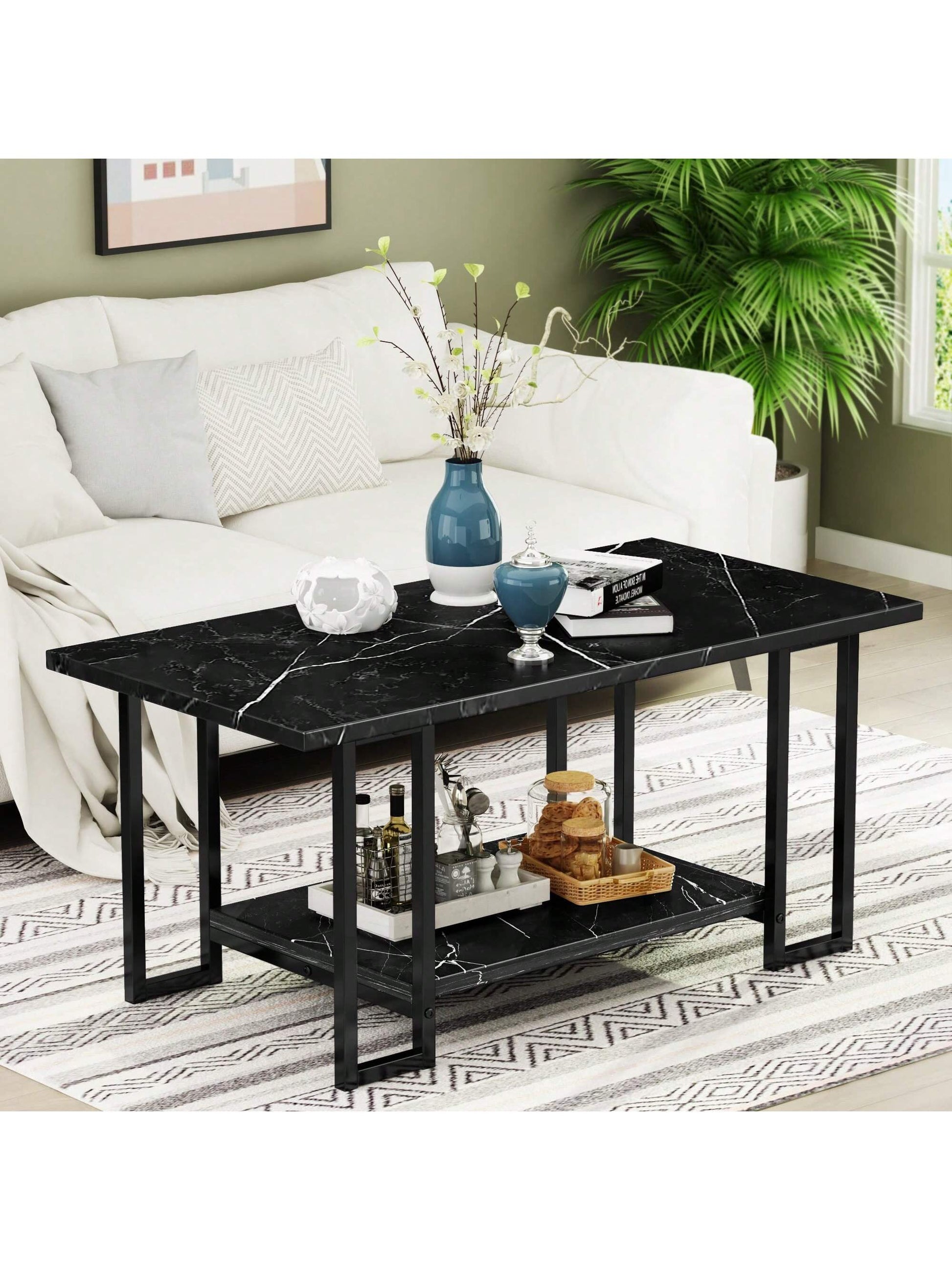 LAMERGE 40-Inch Artificial Marble Coffee Table, Imitation Marble Tabletop, Metal Frame, 2-Level Design, Suitable For Office Balcony Living Room Bedroom