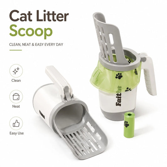 Large Capacity Cat Litter Shovel With Integrated Trash Can- Portable Easy-To-Clean Plastic Pet Manure Shovel