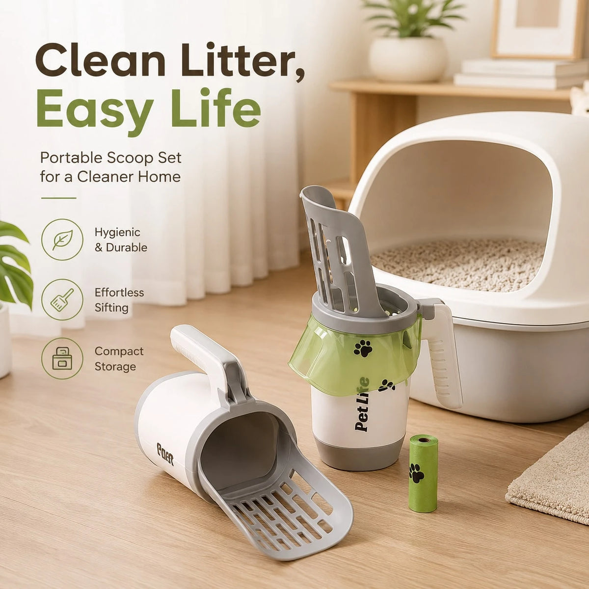 Large Capacity Cat Litter Shovel With Integrated Trash Can- Portable Easy-To-Clean Plastic Pet Manure Shovel