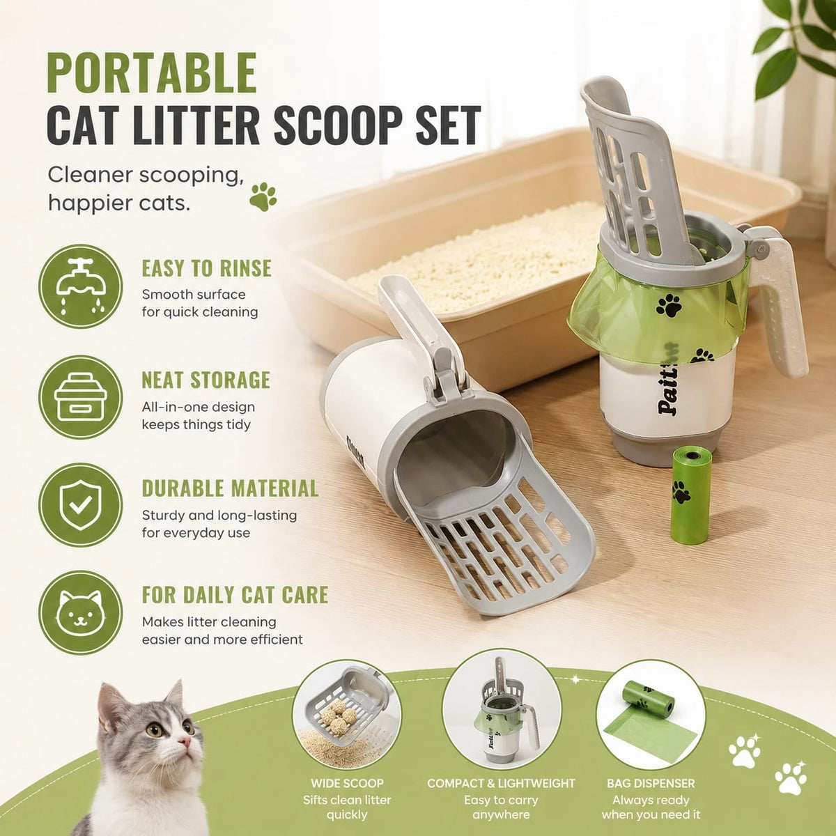 Large Capacity Cat Litter Shovel With Integrated Trash Can- Portable Easy-To-Clean Plastic Pet Manure Shovel