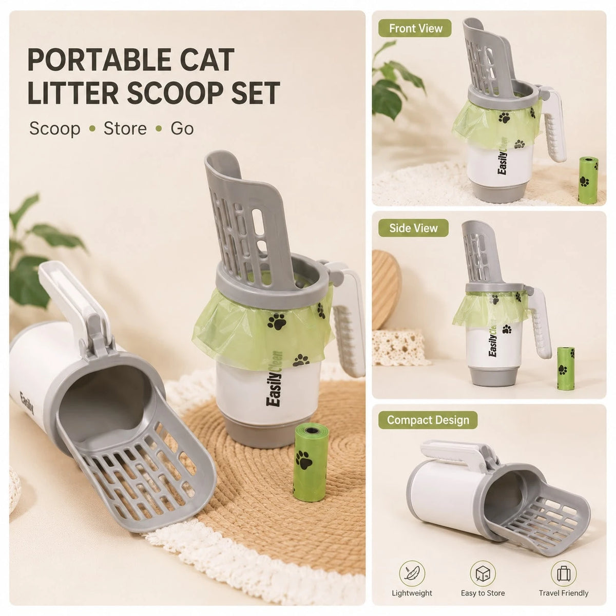 Large Capacity Cat Litter Shovel With Integrated Trash Can- Portable Easy-To-Clean Plastic Pet Manure Shovel