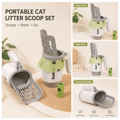Large Capacity Cat Litter Shovel With Integrated Trash Can- Portable Easy-To-Clean Plastic Pet Manure Shovel