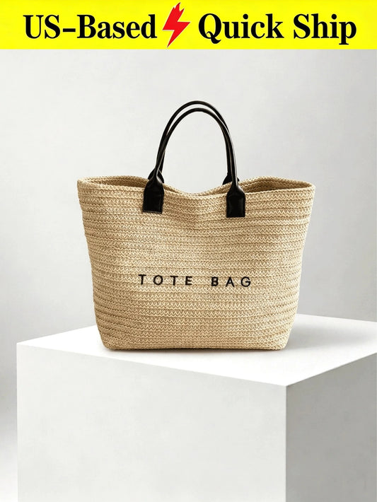 Large Summer Straw Beach Bag Tote Bag For Women Woven Handbag Brown Purse With Letter Decor Beach Essentials For Travel Cruise Vacation Holiday