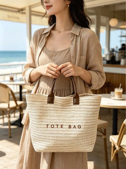 Large Summer Straw Beach Bag Tote Bag For Women Woven Handbag Brown Purse With Letter Decor Beach Essentials For Travel Cruise Vacation Holiday