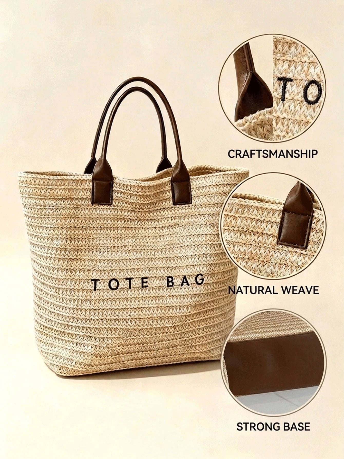 Large Summer Straw Beach Bag Tote Bag For Women Woven Handbag Brown Purse With Letter Decor Beach Essentials For Travel Cruise Vacation Holiday