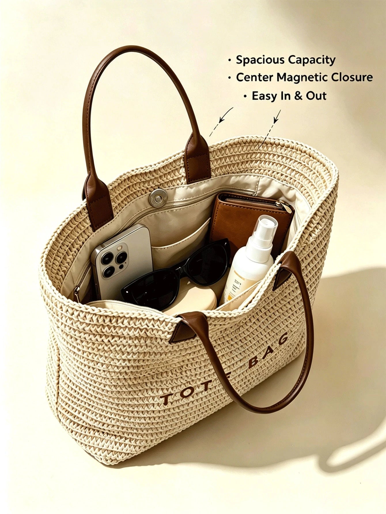 Large Summer Straw Beach Bag Tote Bag For Women Woven Handbag Brown Purse With Letter Decor Beach Essentials For Travel Cruise Vacation Holiday
