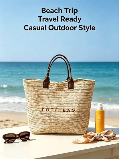 Large Summer Straw Beach Bag Tote Bag For Women Woven Handbag Brown Purse With Letter Decor Beach Essentials For Travel Cruise Vacation Holiday