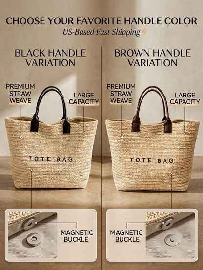 Large Summer Straw Beach Bag Tote Bag For Women Woven Handbag Brown Purse With Letter Decor Beach Essentials For Travel Cruise Vacation Holiday