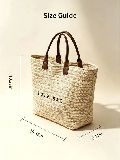 Large Summer Straw Beach Bag Tote Bag For Women Woven Handbag Brown Purse With Letter Decor Beach Essentials For Travel Cruise Vacation Holiday