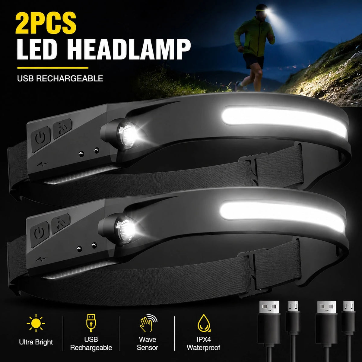 LED Sensor Headlamp, USB Rechargeable Powerful Head Flashlight, Camping & Search Light, Front Headlamp & Headlight, Available In 6 Styles