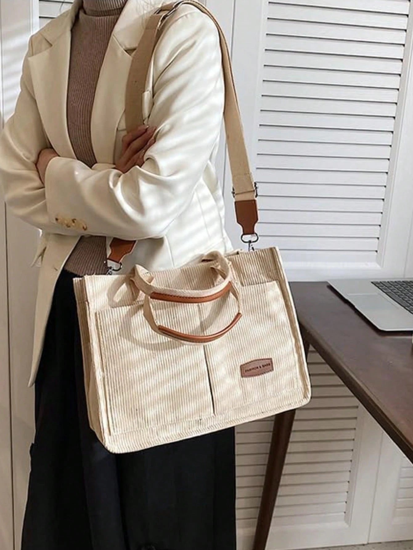 Letter Patch Decor Large Capacity Shoulder Tote Bag, Stylish Linen PVC Crossbody Bag With Multiple Compartments, Portable School Work Bag For Teen Gir