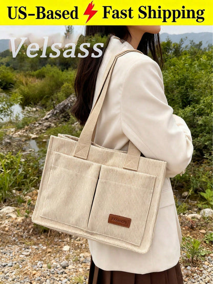 Letter Patch Decor Large Capacity Shoulder Tote Bag, Stylish Linen PVC Crossbody Bag With Multiple Compartments, Portable School Work Bag For Teen Gir
