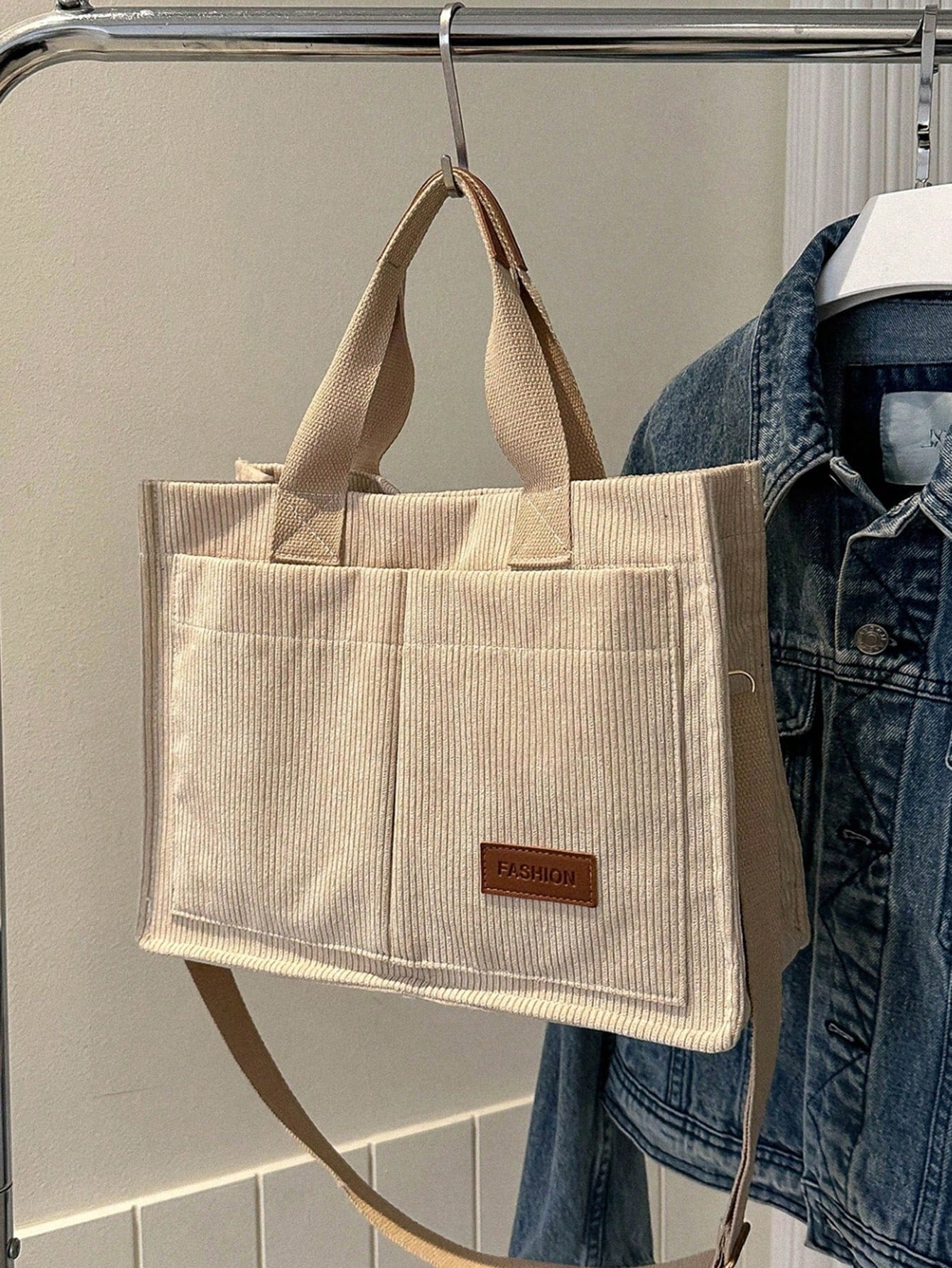Letter Patch Decor Large Capacity Shoulder Tote Bag, Stylish Linen PVC Crossbody Bag With Multiple Compartments, Portable School Work Bag For Teen Gir
