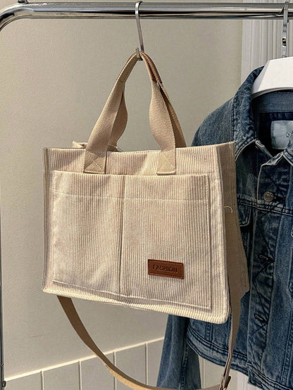 Letter Patch Decor Large Capacity Shoulder Tote Bag, Stylish Linen PVC Crossbody Bag With Multiple Compartments, Portable School Work Bag For Teen Gir